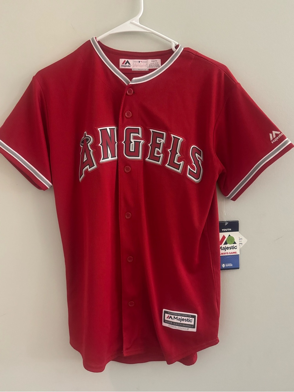 Majestic Red Angels Youth Baseball Jersey with White Trim